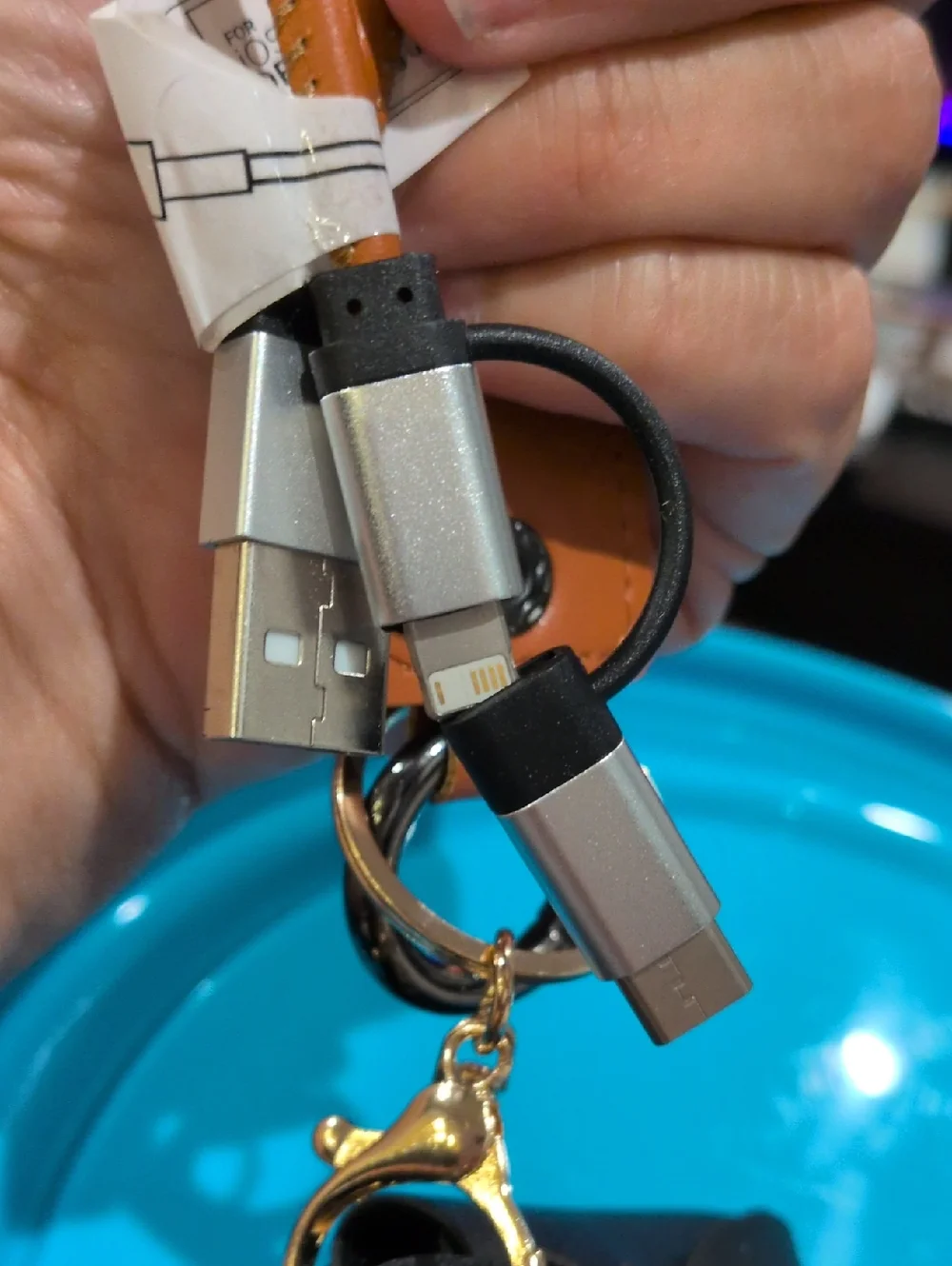 Brown Leather Keychain USB Charging Cable with Key Ring